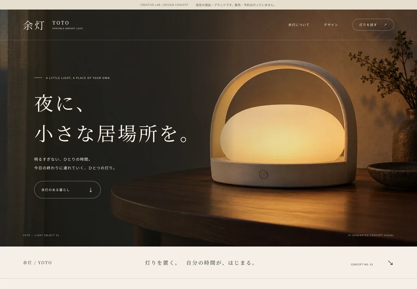 余灯の商品LPのPC向け静的デザインプレビュー。ブラウザの画面キャプチャではありません。