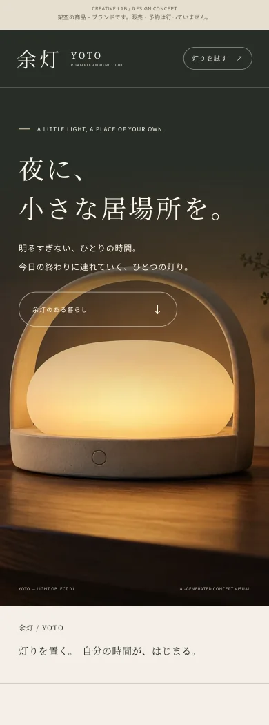 余灯の商品LPのスマートフォン向け静的デザインプレビュー。ブラウザの画面キャプチャではありません。